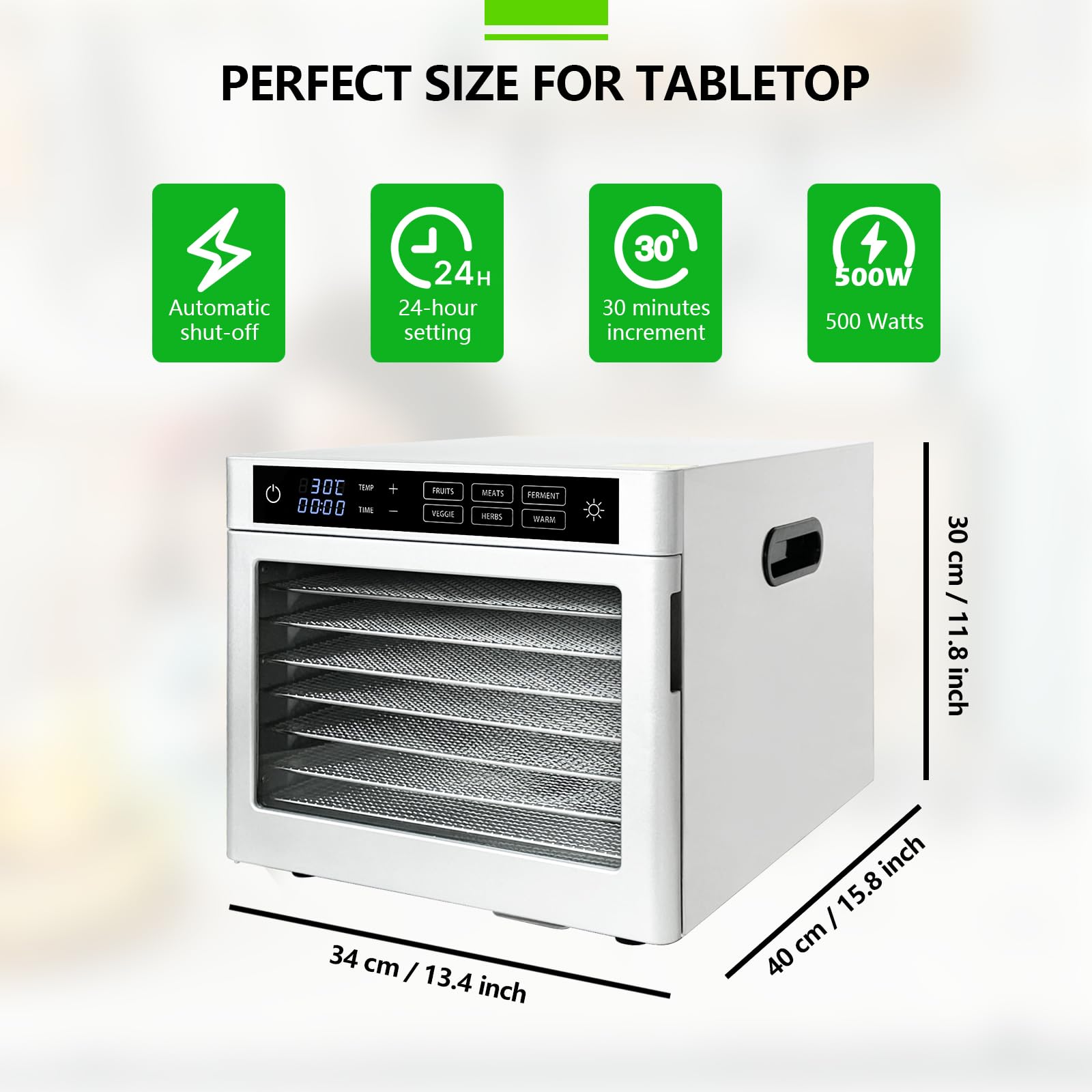 Dörrautomat Edelstahl mit 8 Edelstahlgitter 500W - oiyocemo 6 Voreinstellungen für Dörrgerät Dehydrator Obsttrockner Dörrappara