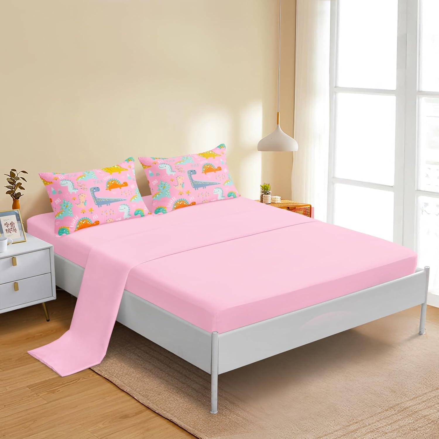 6 Pieces Girls Dinosaur Comforter Set Twin Size Pink Cute Dinosaur Bedding Set for Boys Girls Kids Teens 6 Pieces Bed in A Bag Bedding Gift for Room Decorative Twin16