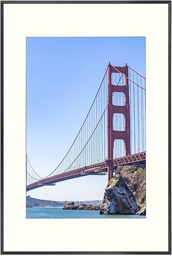 Frametory, Marco de fotos de aluminio de 16 x 24 pulgadas, marco negro de 16 x 24 pulgadas con paspartú de color marfil para fotos de 12 x 18