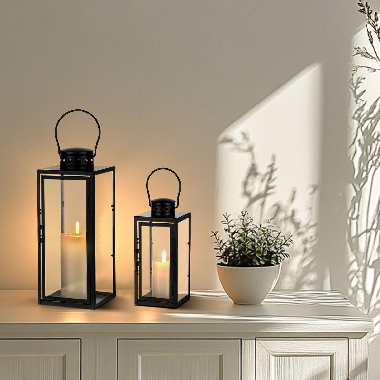 Lanterne per esterni, resistenti alle intemperie, in metallo | Set di 2 lanterne da 24/35 cm, per esterni, cimitero, balcone, giardino, decorazione moderna per soggiorno