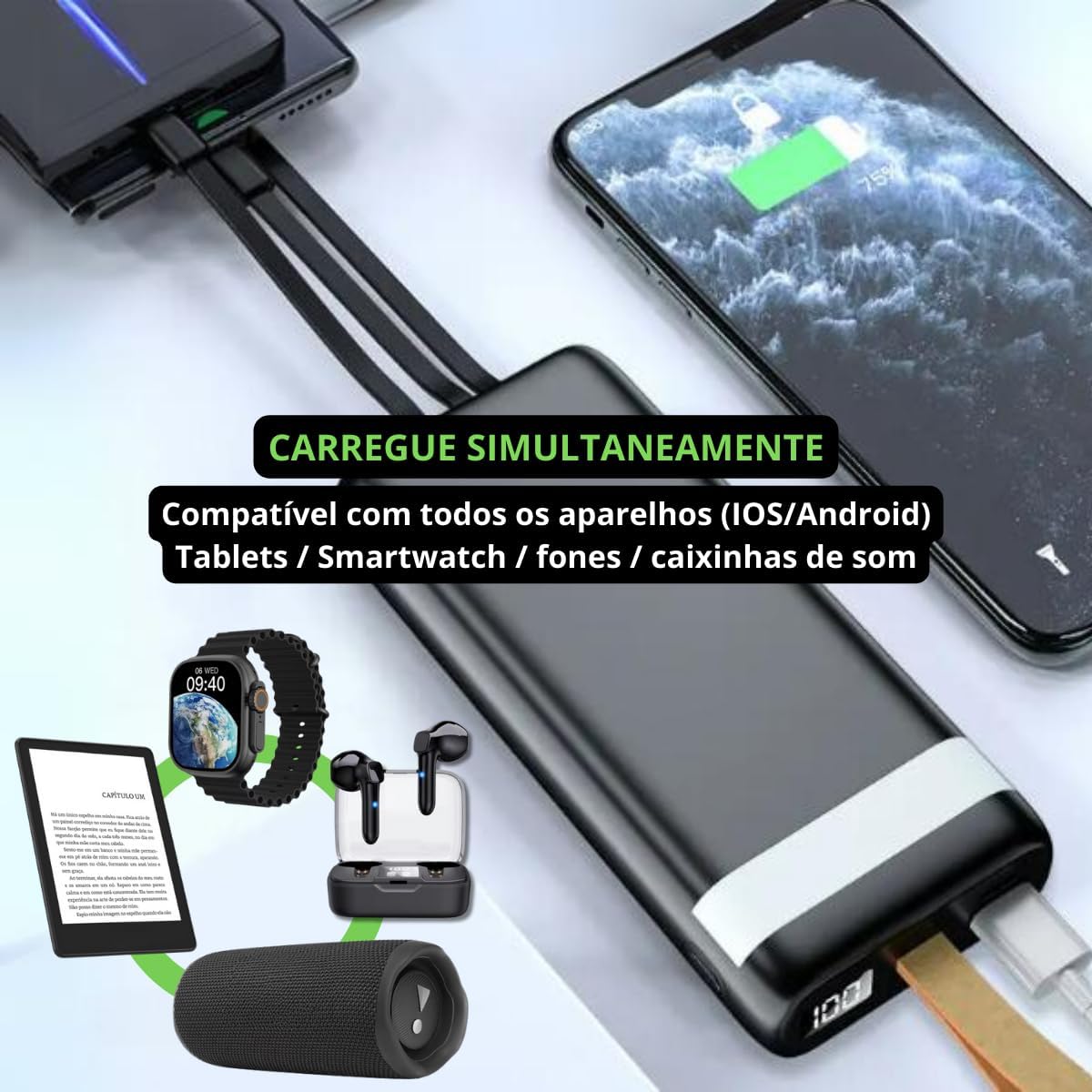 Carregador Portátil Power Bank 20000 mAh Turbo Carregamento Rápido 3.1A, Powerbank com 4 cabos Integrados (USB-C, USB, Lightning) Led Bateria, Lanterna. Compatível com Android e IOS – Premium (Preto)