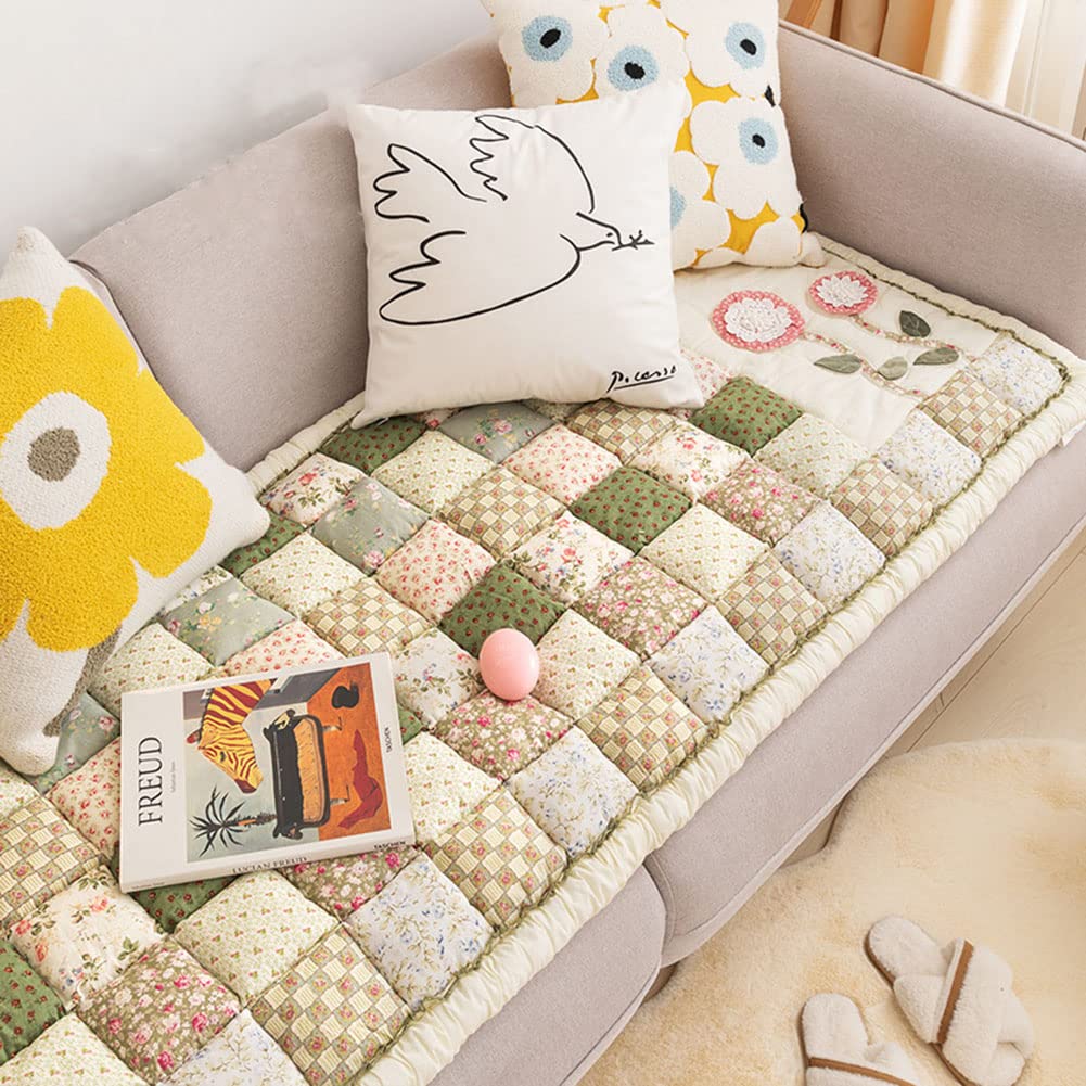 vctops Bohemian Patchwork Sofa Cover Cotton Quilted Couch Cover Floor Mat Floral Print Sectional Couch Cover Non-Slip Soft Sofa Slipcover Furniture Protector for Kids, Dogs, Cats (Green,28