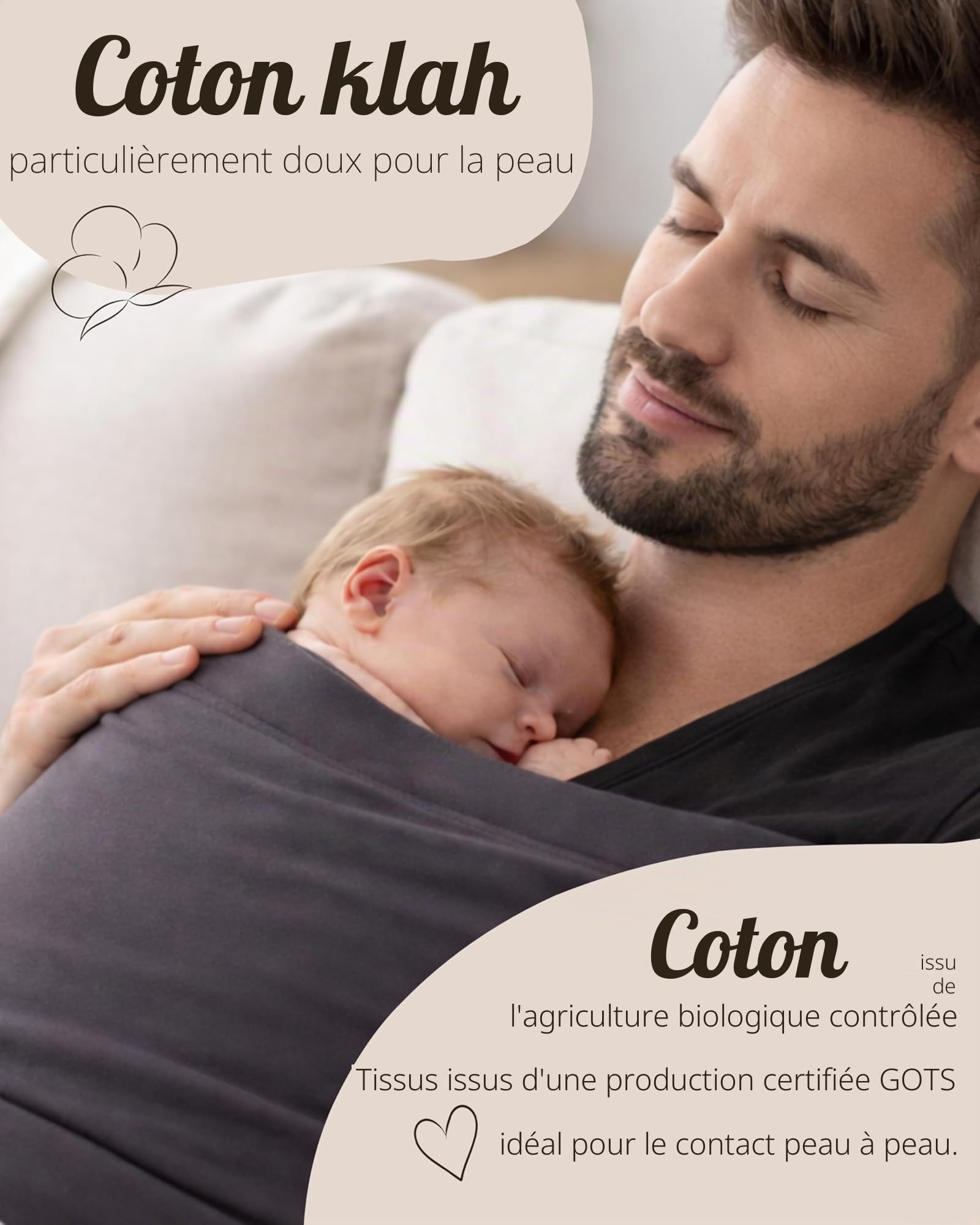 Bandeau Peau à Peau pour Nouveau-Nés - Support Kangourou - Qualité Bio, Couleur Beige, Taille M