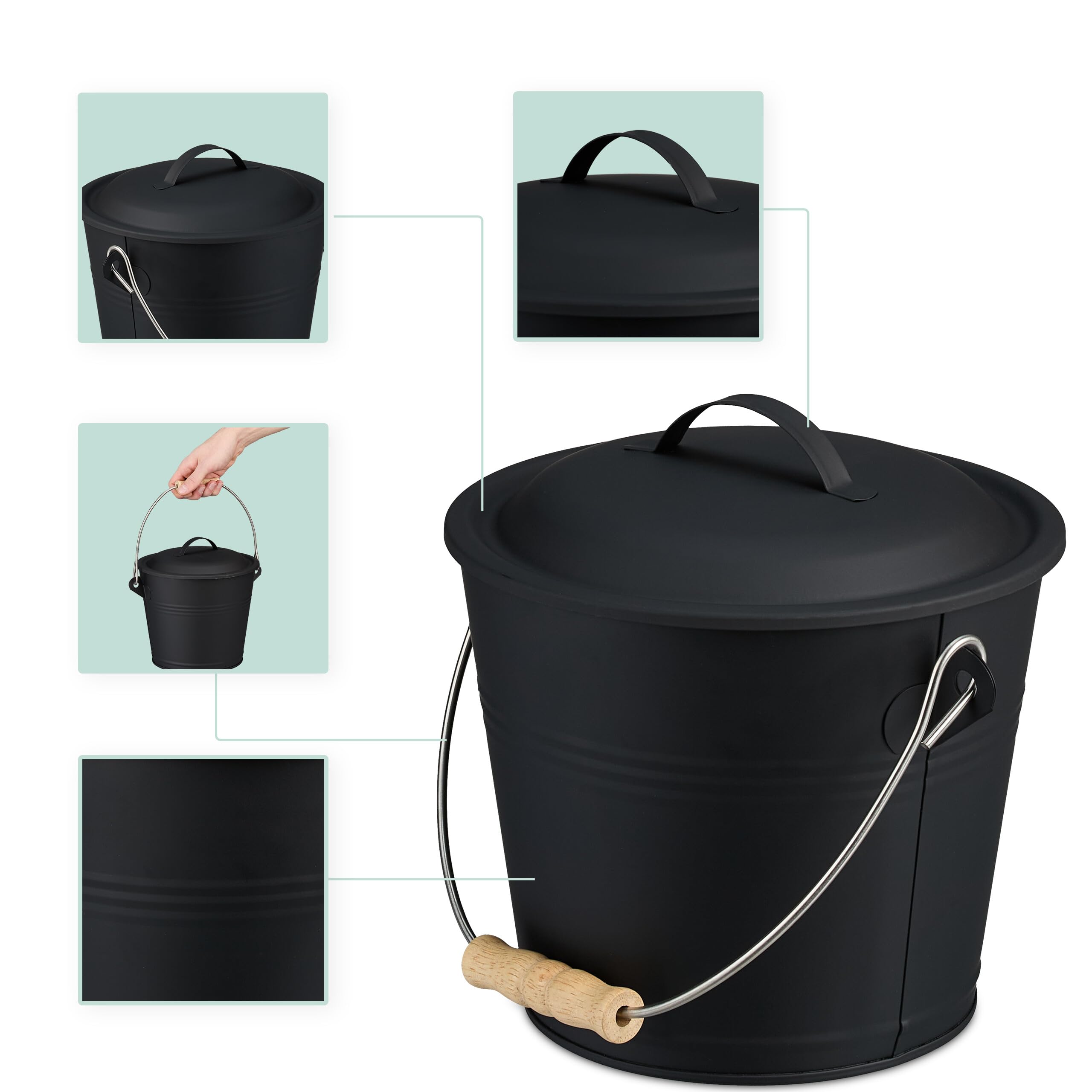 Relaxdays Seau à Cendres 4,5 litres avec Couvercle et Pelle Balayette Noir