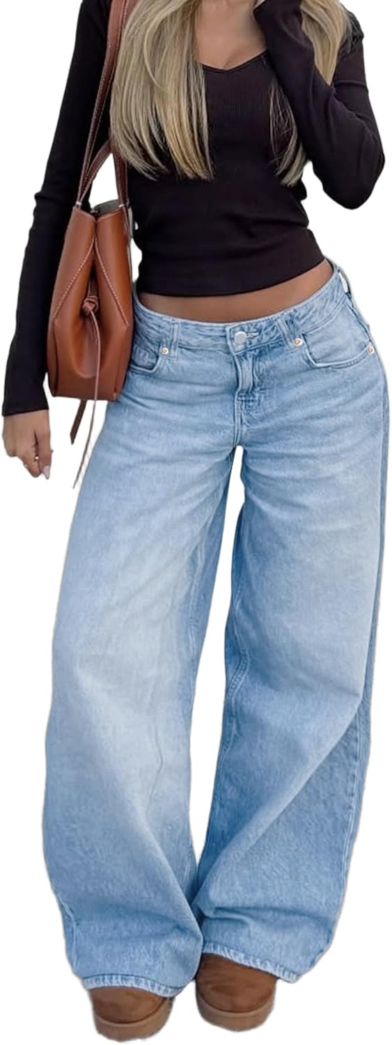 Low-waisted, Loose, Wide-leg Washed Jeans for Women, Made of Comfortable and Non-elastic Fabric, with a Straight Cut, Are Suitable for Women's Daily Outings and Work Outfits