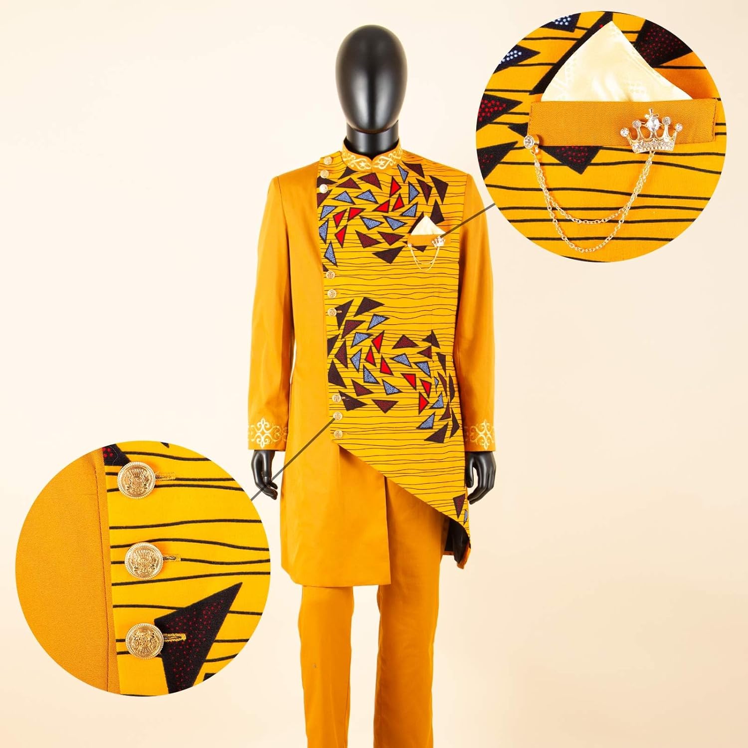 Men`s Suit Slim Fit Embroidery Single Breated Blazer and Pants Set African Clothes Brooch Print Outfits