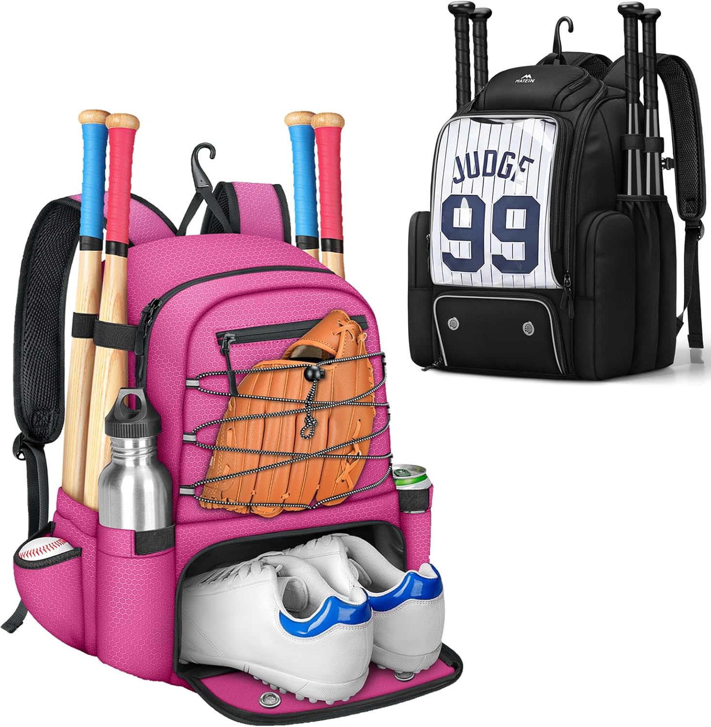 MATEIN Baseball Bat Bag & Youth Baseball Backpack Bundle Lightweight Youth Baseball Backpack for 4 Bats & Large Boys Baseball Bat Bag with Clear Display Pocket