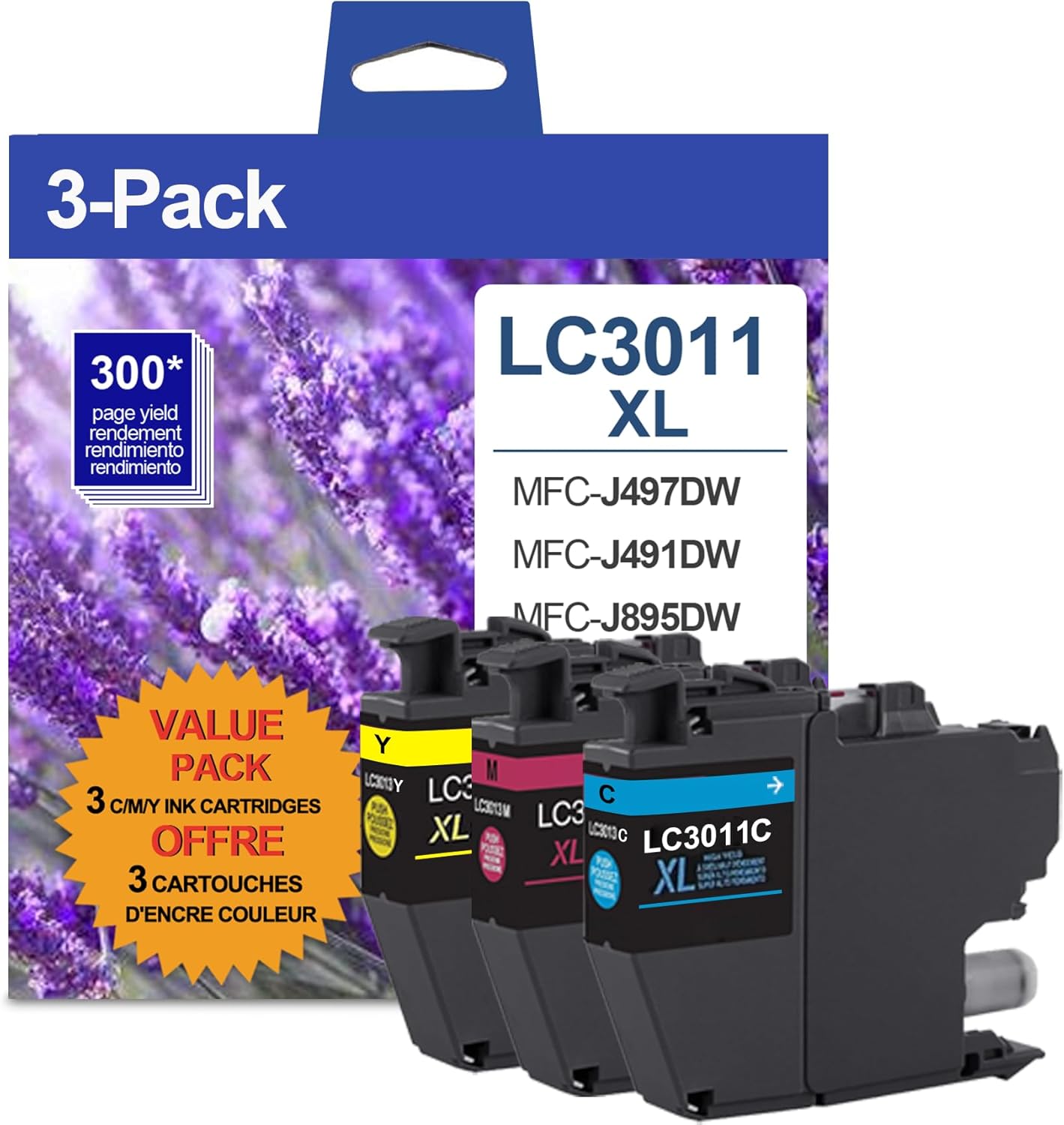 LC3011 High Yield Ink Cartridges (3-Pack) Cyan/Magenta/Yellow Compatible Replacement for Brother MFC-J491DW MFC-J497DW MFC-J690DW MFC-J895DW Printers
