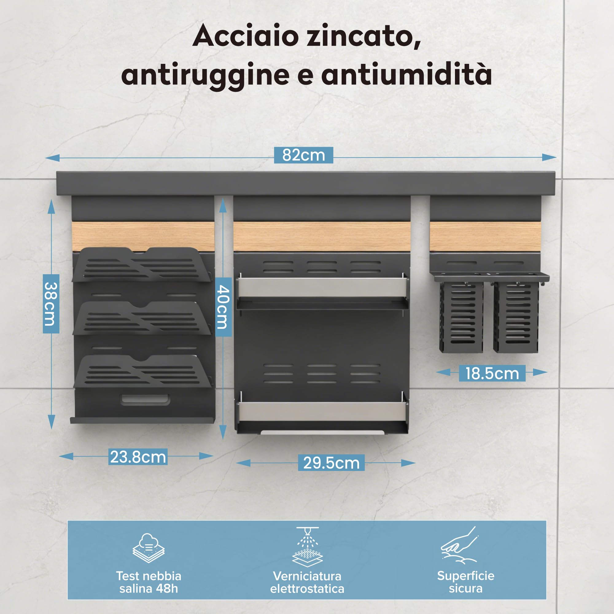 doporro Porta Spezie a Due Ripiani con Supporto per Cellulare, Porta Coperchi a 3 Livelli e Porta Mestoli con 5 Ganci da Cucina, da Appendere con Guide, Grigio, Reglo-09+Reglo-11+Reglo-12