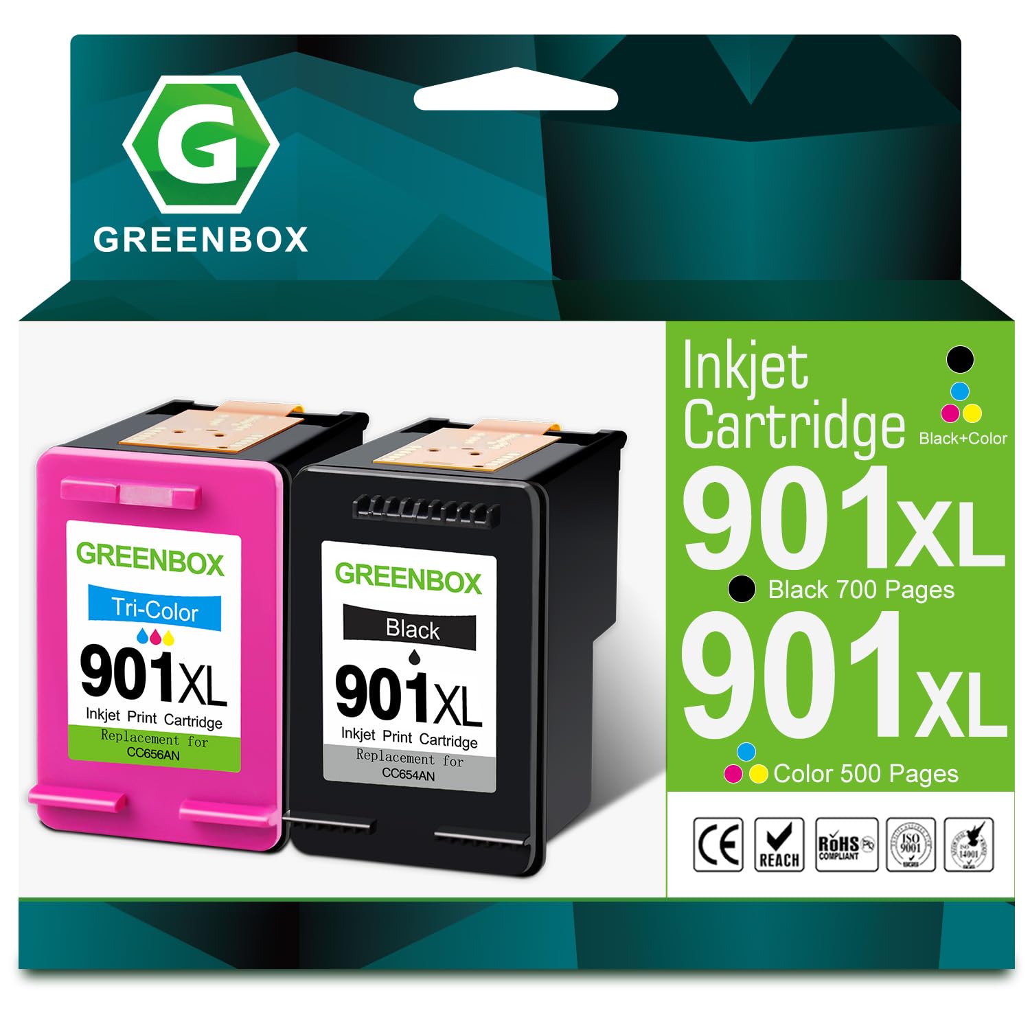 GREENBOX Remanufactured 901 Ink Cartridges for HP 901 901XL Ink Cartridges for HP Officejet 4500 J4680 J4580 J4550 J4550 J4540 J4500 J4680c G510n G510g G510a (High Yield, 1 Black 1 Tri-Color)