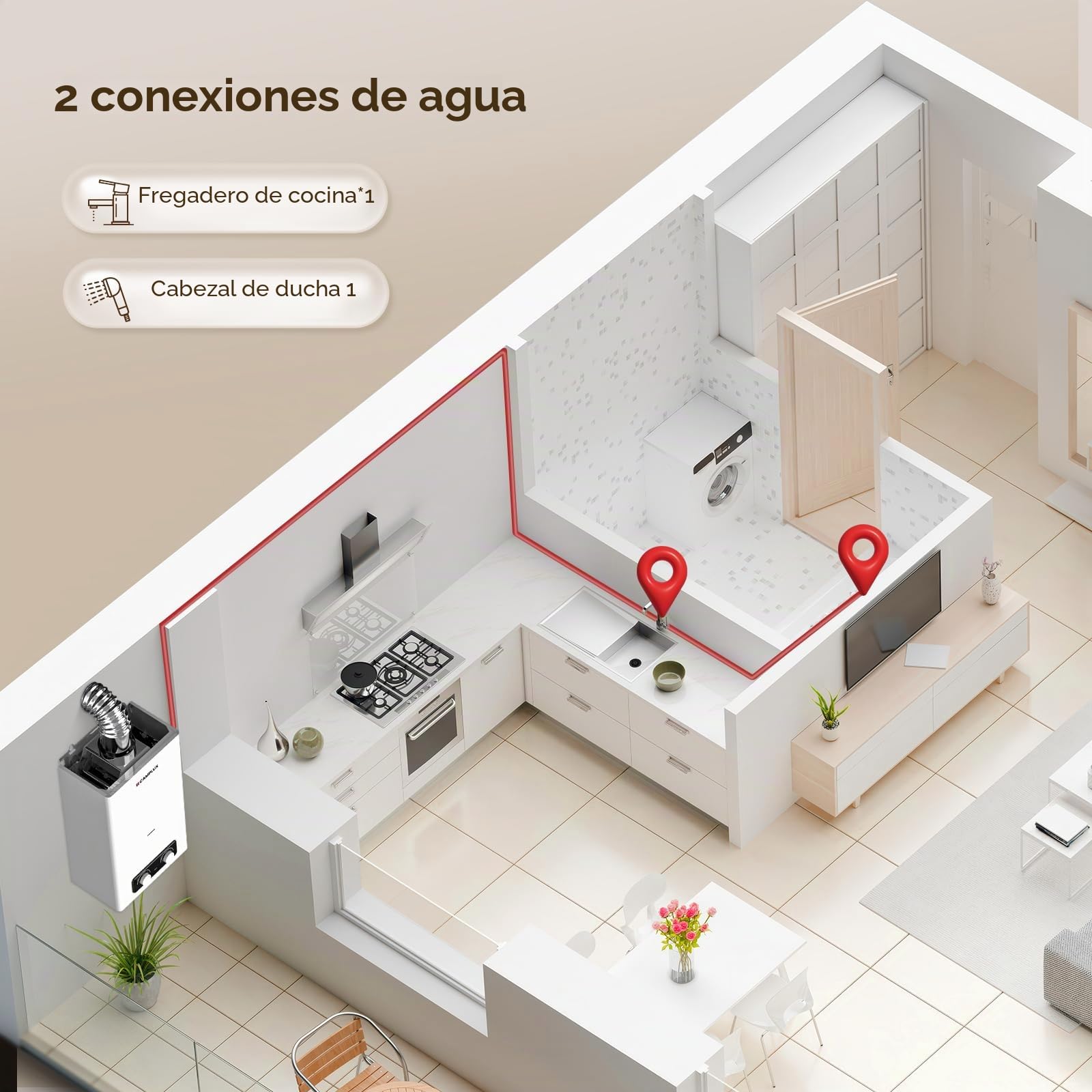 CAMPLUX Calentador de agua a gas para uso doméstico/balcón, 11 litros, ducha de gas interior, bajo NOx/ErP, 50 mbar, BD300CT