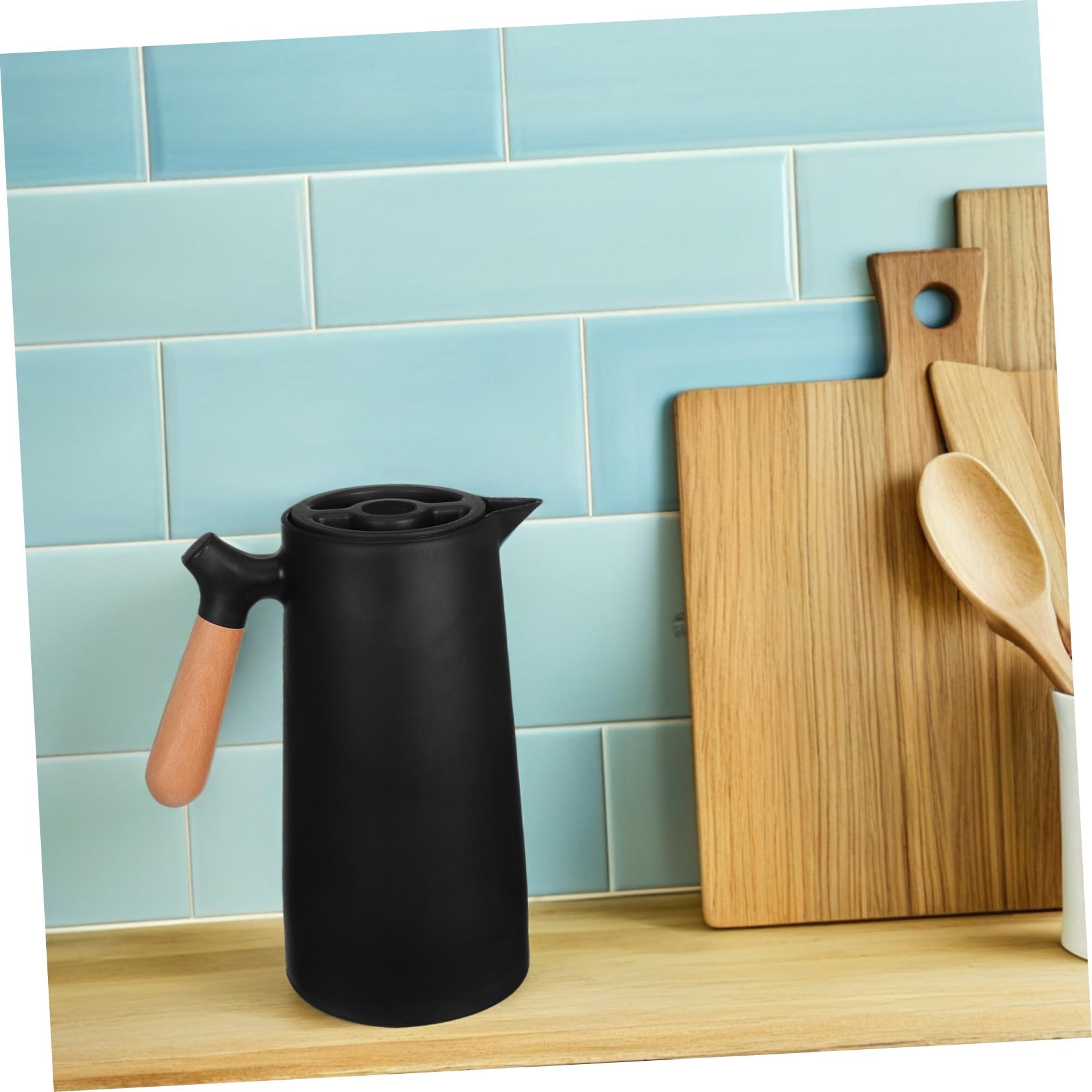 Bouteille Isotherme 1l Poignée en Bois pour Maison et Bureau, Bouilloire à Eau Chaude Élégante Coque Plastique et Doublure en Verre, Maintien Température