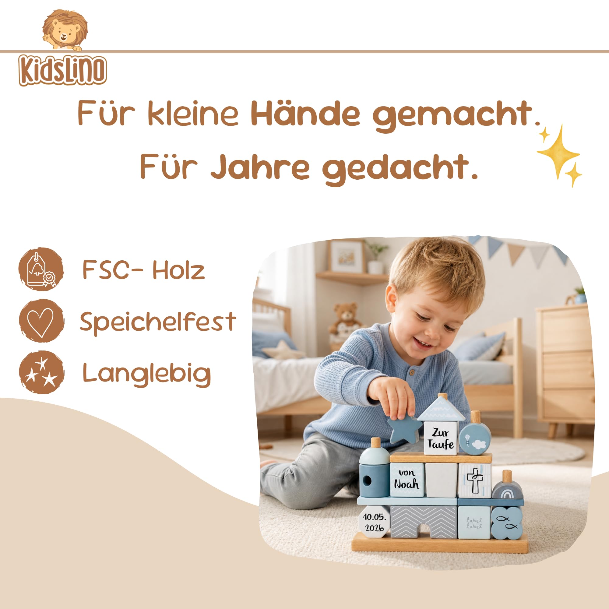 Personalisierbares Holz-Taufhaus Blau – fördert Feinmotorik & Vorstellungskraft – für Kinder ab 18 Monaten – personalisiert mit Namen und Taufdatum – Label Label