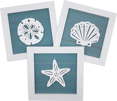 CSWLJS Ocean Theme Wall Decor Set of 3 7x7 in Rustic Beach Decor 3D Starfish Seashell and Sand Dollar Wooden Beach Bathroom Decor Coastal Theme for Lake House Home Room Nautical Gifts