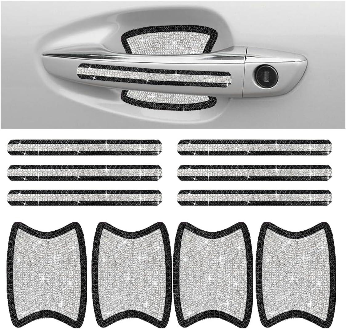 Bling Car Door Handle Protector, Bling Auto Doors Handles Sticker Anti-Scratch, Universal Car Door Handle Protective Cover, Shiny Rhinestone Auto Decor Accessories for Women (Black&White)