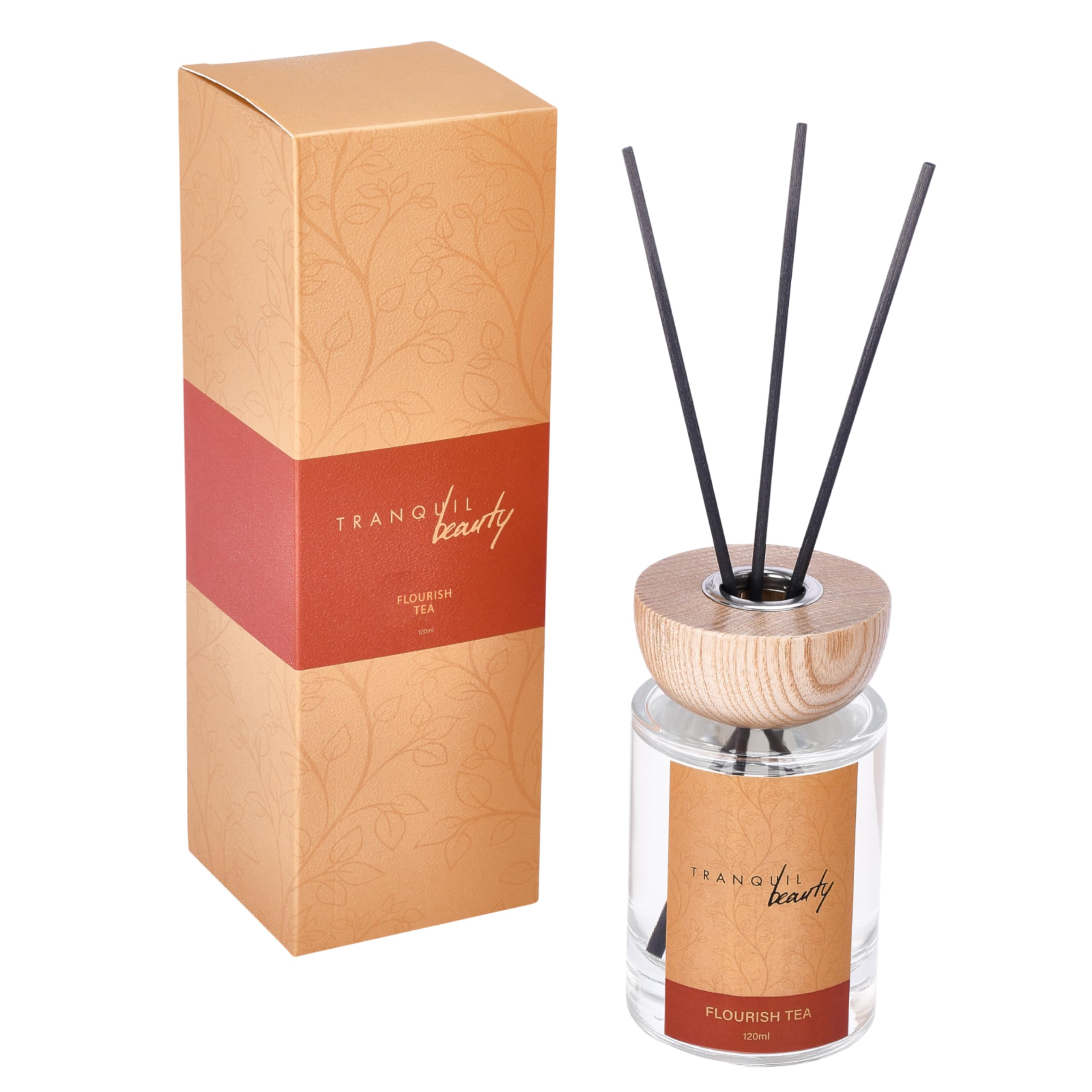 Tranquil Beauty Reed Diffuser with Wood Lid - Flourish Tea Scent Reed Aroma - Floral, Herbal and Slightly Sweet, Rose and Jasmine, 3 Sticks - Modernistic Design and Decorative Fragrance-2.3x4.3in