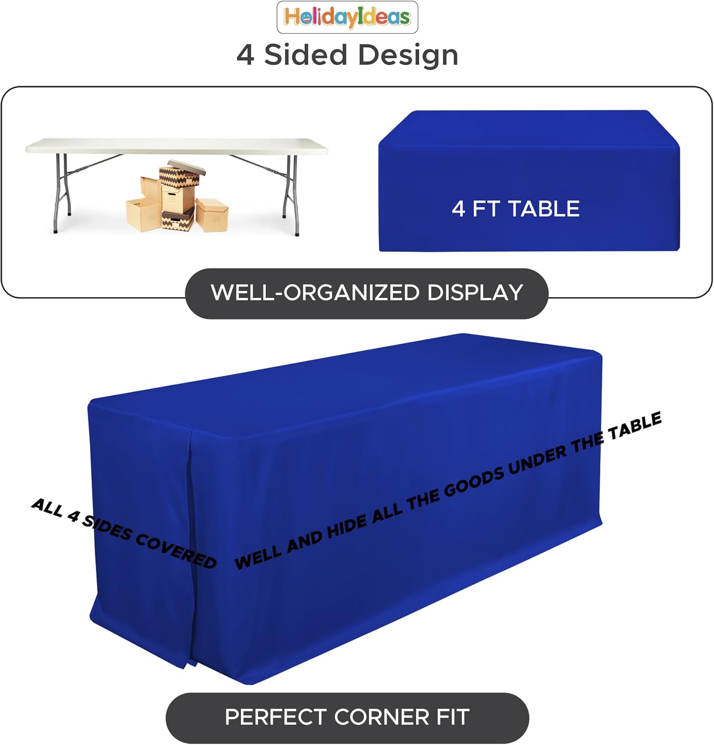  4-Pack 4ft Royal Blue Rectangle Craft Shows Fitted Tablecloth | 4-Sided Coverage Table Cloths for 4 Foot Rectangle Tables For Professional Trade Exhibition Displays Or Vendor Booths thumbnail