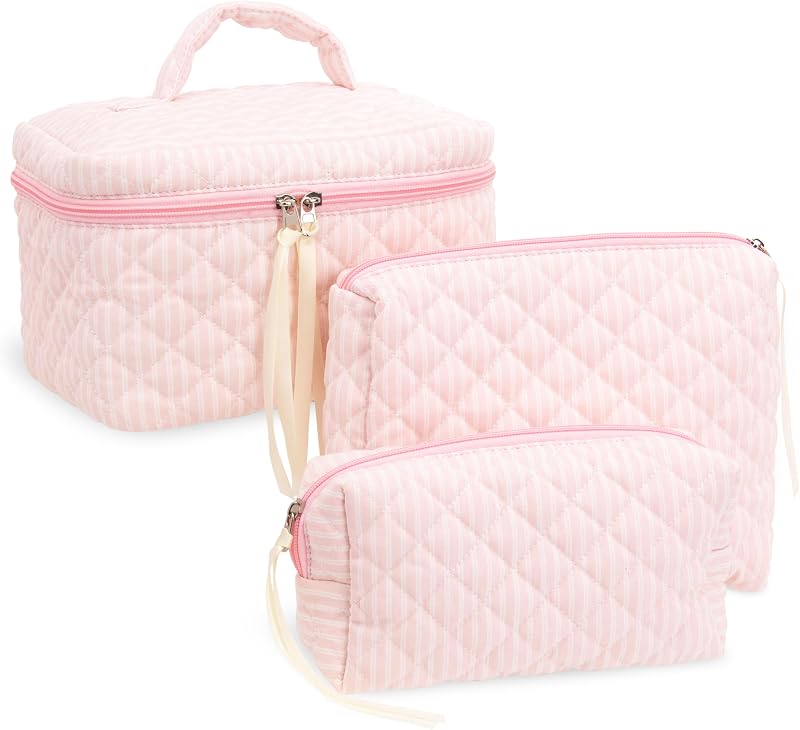 Conjunto com 3 necessaires de maquiagem PAZIMIIK, estojos acolchoados com zíper, listras rosa