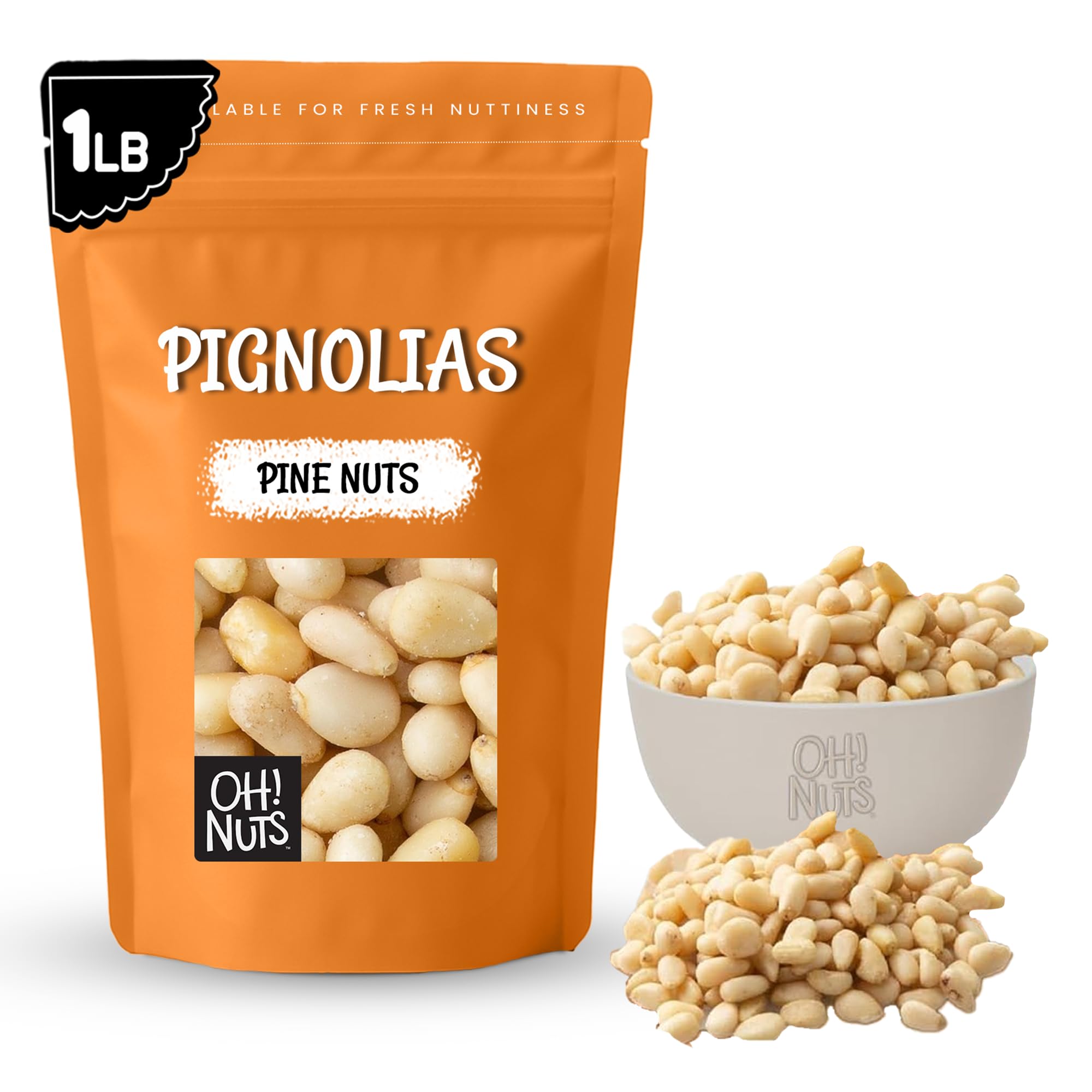 Oh! Nuts Pine Nuts (Pignolias) - Raw - 100% Natural Pine Nuts - 1 lb Bulk Bag - Premium Pignoli Packed with Protein