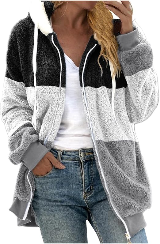 Fuzzy Fleece Jackets for Women Plus Size Hoodies Fall Winter Coats Color Block Patchwork Cardigan Coat with Pockets