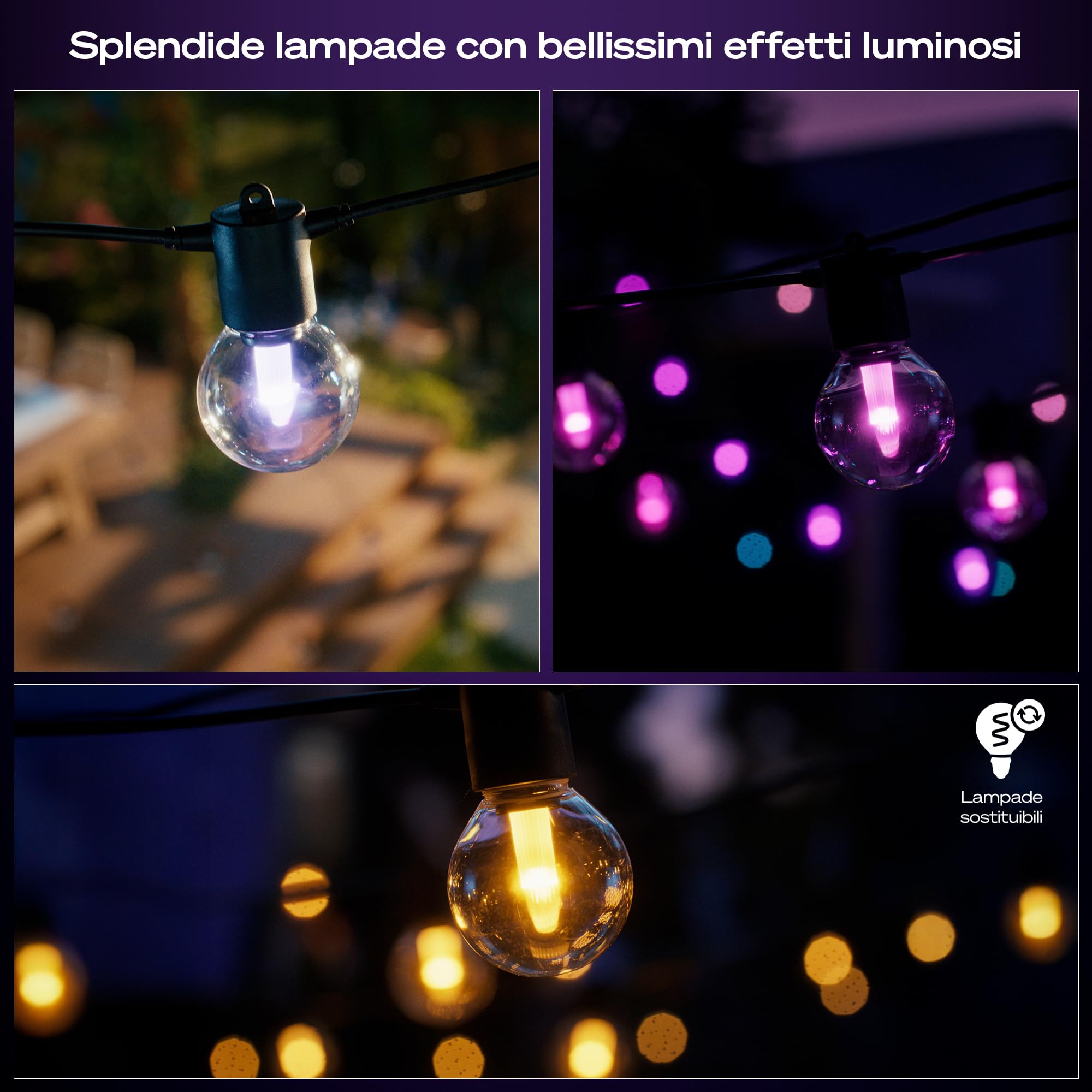 Philips Hue Strisce led dimmerabili a globo Festavia, Led da esterni con intensità regolabile, 10 luci decorative esterno con controllo da app Hue, compatibile con Alexa, Google Assistant e Apple Home