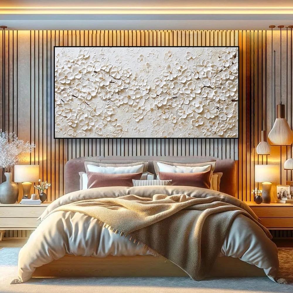 SDVIB Quadro con fiori bianchi su tela, decorazione murale floreale con texture, elegante e neutra, con motivi botanici, moderno (90x180 cm/Senza cornice)