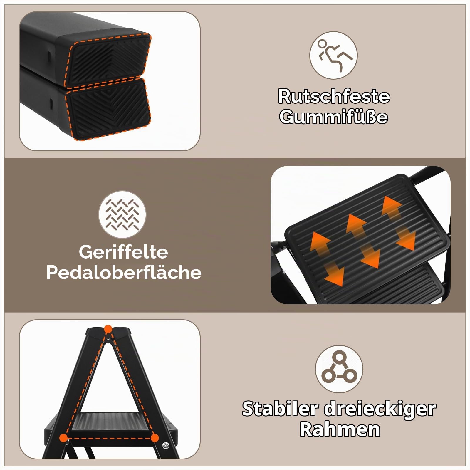 Trittleiter 3 Stufen, Klappleiter, Schwarz