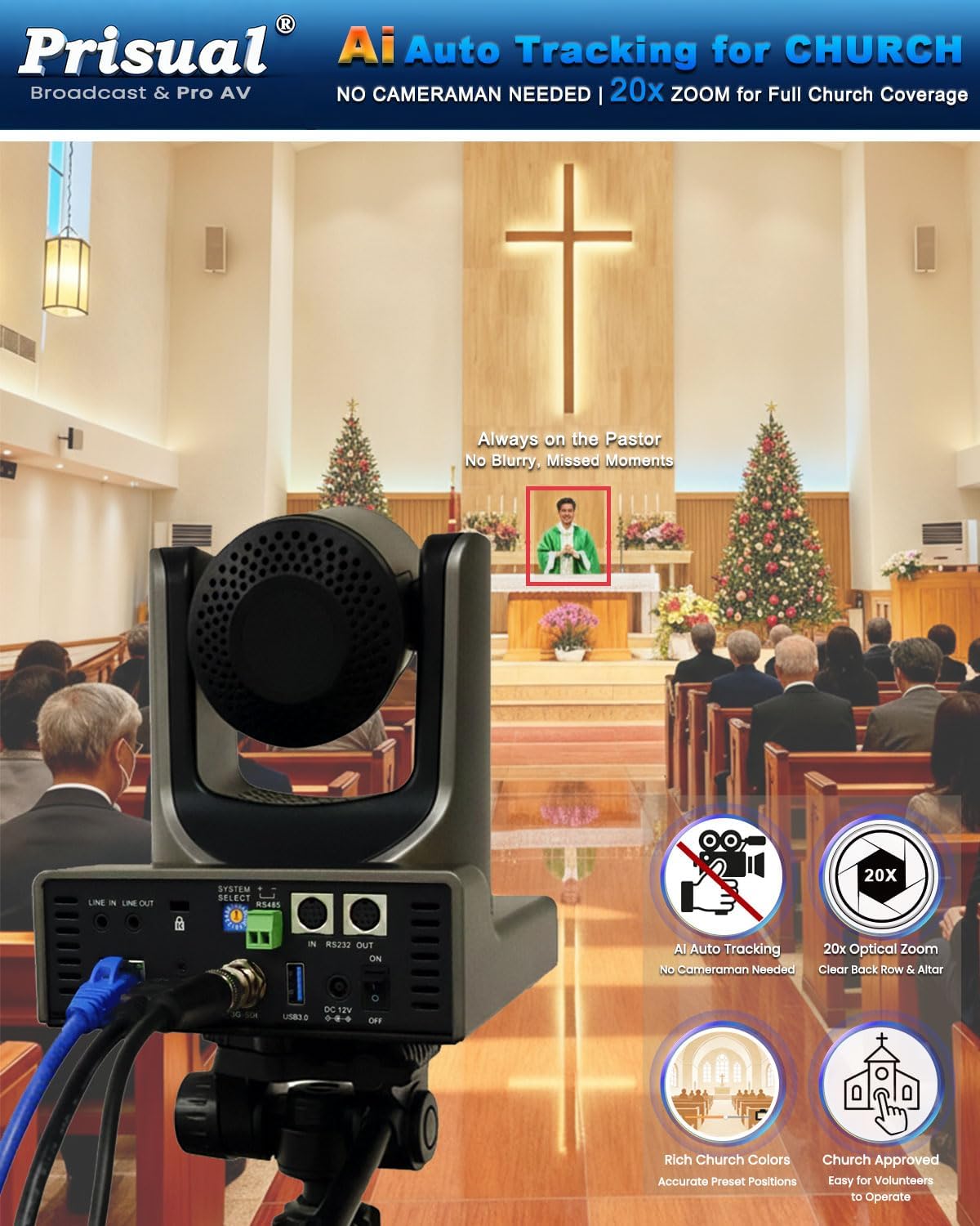 Prisual NDI PTZ Camera Gen 5, NDI 6 & NDI HX3 License Include, AI Auto Tracking, 20X Optical Zoom, 3G-SDI/HDMI/USB/LAN PoE, for Church Worship Live Streaming Education Events - TEM-20N PRO 6 71e hKUtf5L. AC SL1500