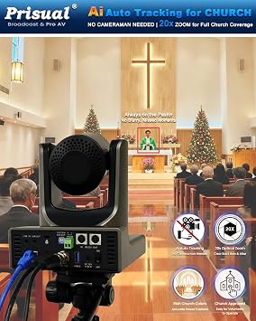 Prisual 5th Gen AI Auto Tracking PTZ Camera, 20X Optical Zoom, Broadcast Ready, PoE, 3G-SDI, HDMI, USB 3.0, LAN, Free NDI Upgrade for Church Worship, Education, Live Streaming