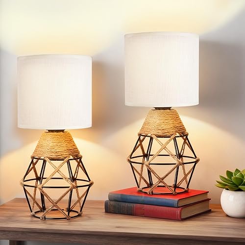 Miniatura 12 de Hamilyeah Lámpara bohemia, lámpara de mesa tejida para mesita de noche con interruptor de encendido/apagado, lámpara de dormitorio con pantalla de 1