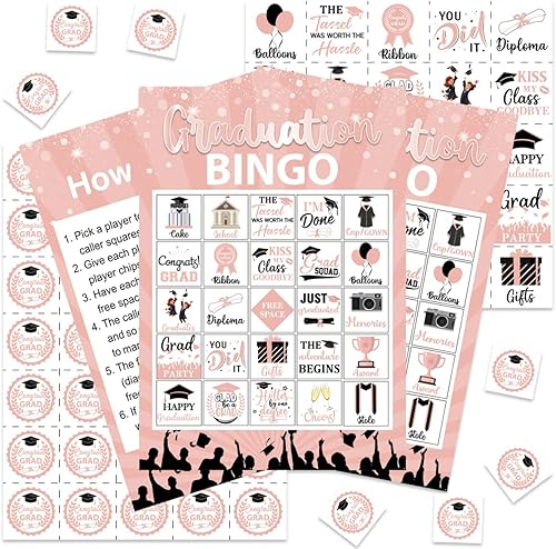 Balterever Juegos de bingo de graduación, juego de graduación de oro rosa para 24 jugadores, juegos de fiesta de graduación y actividades divertidas