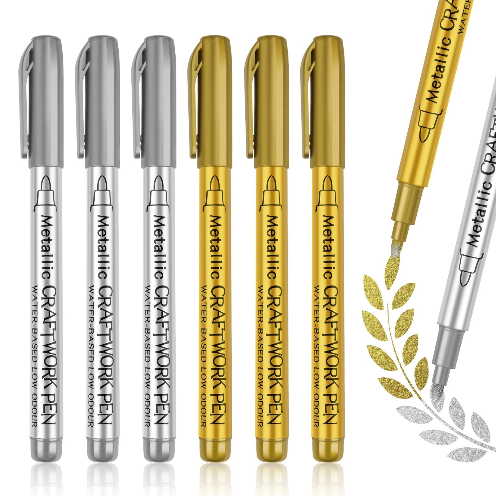 Rotuladores Acrílicos Metálicos Oro Plata, 6 Boligrafo Dorado Plateado Rotuladore Permanente Oro Plata Brillante Metalizado para Pintar Cuero Lienzo Tela Metal Madera Papel Album