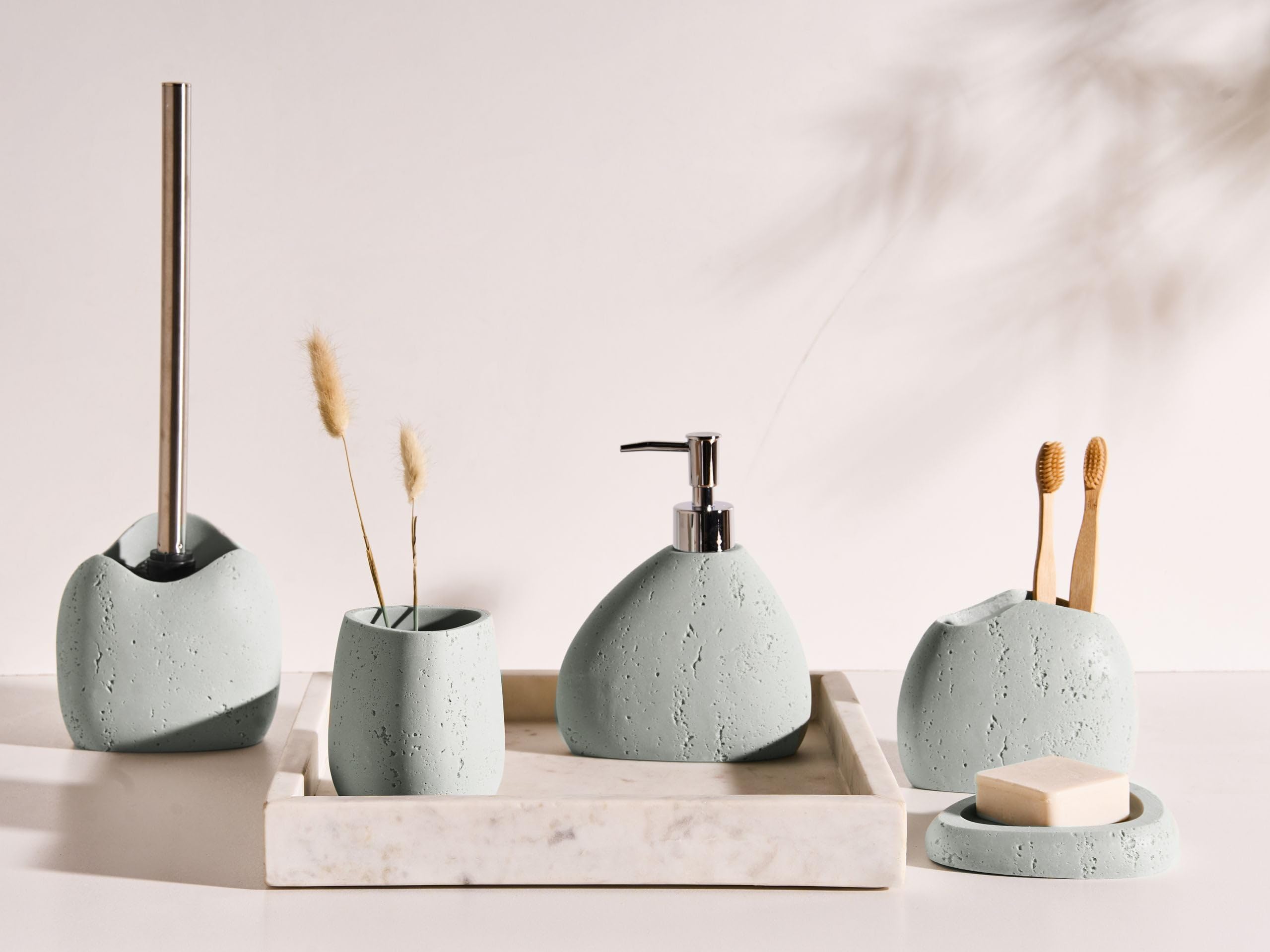 Badaccessoires Set 5-teilig Kunstharz hellgrau Betonoptik Badausstattung Coata