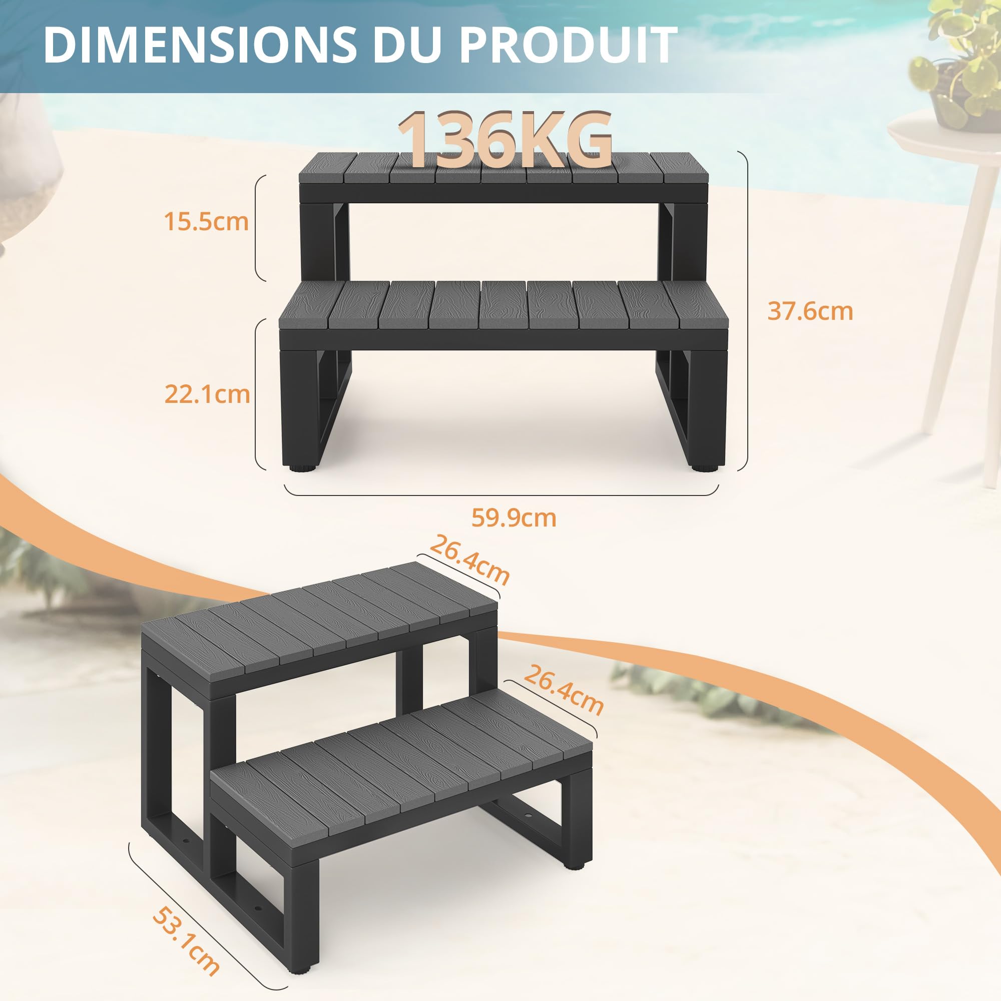 LUE BONA Escalier Spa 2 Marches, Marchepied Antidérapant pour Jacuzzi & Piscine, HDPS, Aluminium, 60 x 53 x 38 cm, Gris Foncé