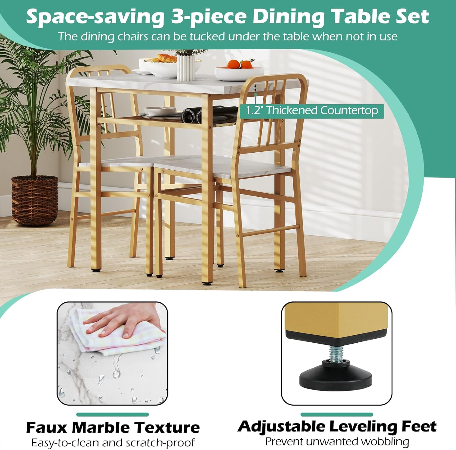 Giantex 3-Piece Dining Table Set, Rectangular Kitchen Table with Storage Rack and 2 Dining Chairs, Heavy-Duty Metal Frame, Space-Saving Dinette Set for Breakfast Nook, Apartment (White + Gold)