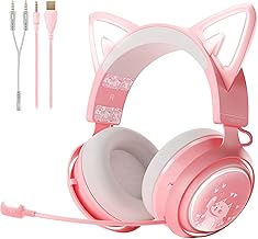 SOMIC GS510 Gaming Headset, Cat Ear Headset PC Gaming Headphones with Retractable Mic Noise Cancelling, Stereo Sound, DIY Face Covers for PC, PS4, PS5,Xbox One(Only White LED Light)-Pink