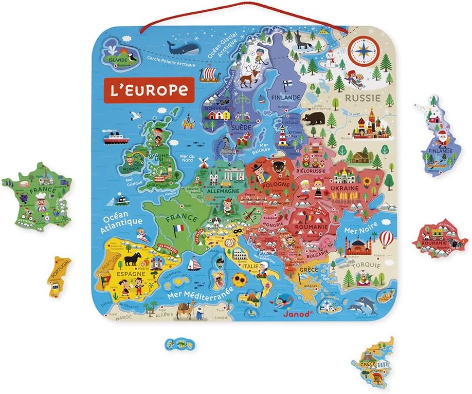 Janod - Magnetic Puzzle of Europe Map - Educational Wooden Puzzle for Learning Geography - Travel to Europe with 40 Magnets - Wall Hanging - French Version - From 7 Years, J05476