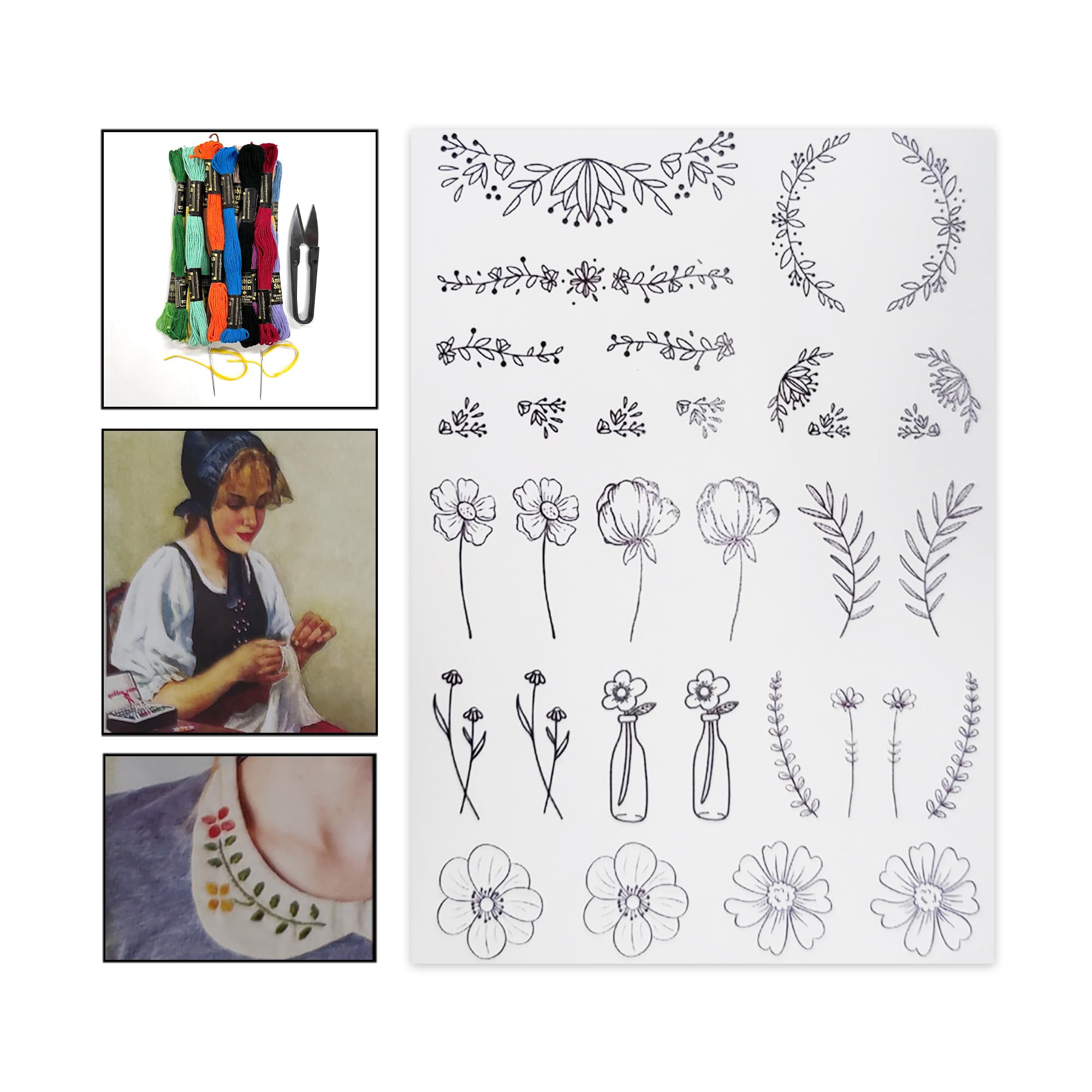 Embroiderymaterial Stick & Stitch Embroidery Design Paper Sheet, Water Soluble Base Embroidery Paper With Pre-Printed Flowers Design, Threads, Needle & Cutter For Hand Sewing (30 Patterns, Multicolor)