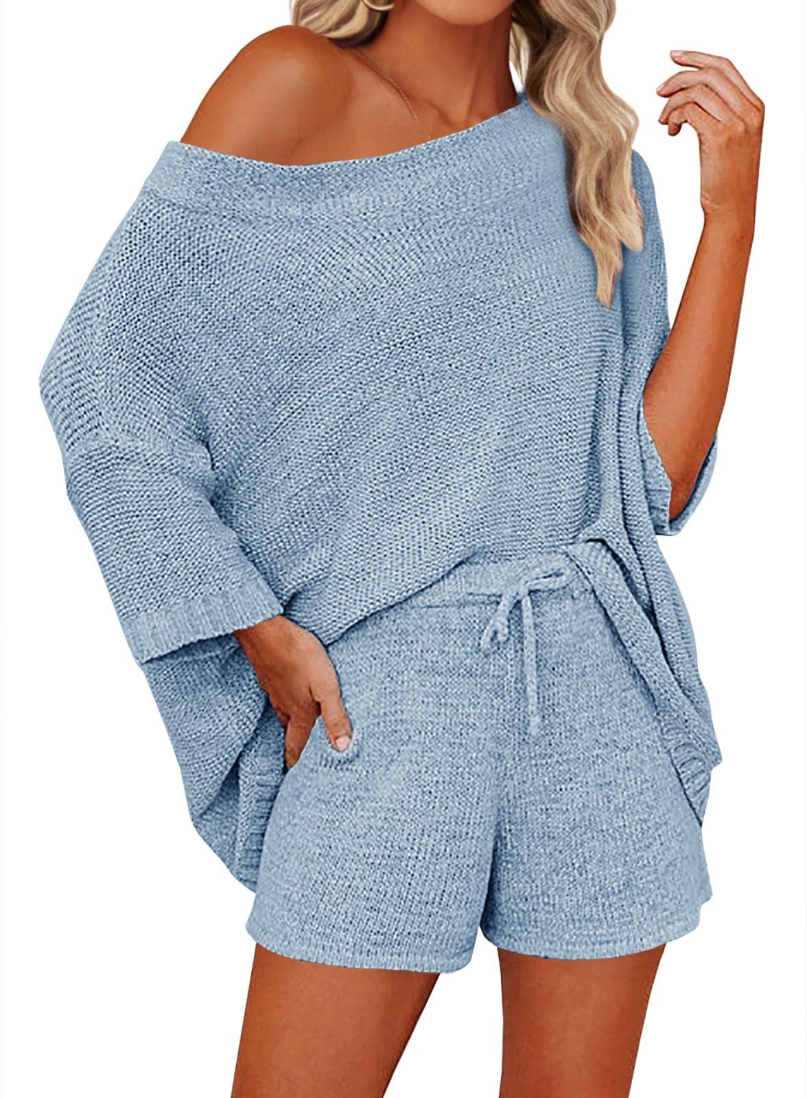 Mafulus Women's 2 Piece Outfits Sweater Sets Off Shoulder Knit Top Shorts Matching Suits Cute Pajama Lounge Set