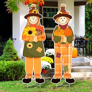 Fall Outdoor Decorations 2 Pcs Thanksgiving Scarecrow Yard Signs with Stakes Fall Harvest Porch Decorations Scarecrow Deco...