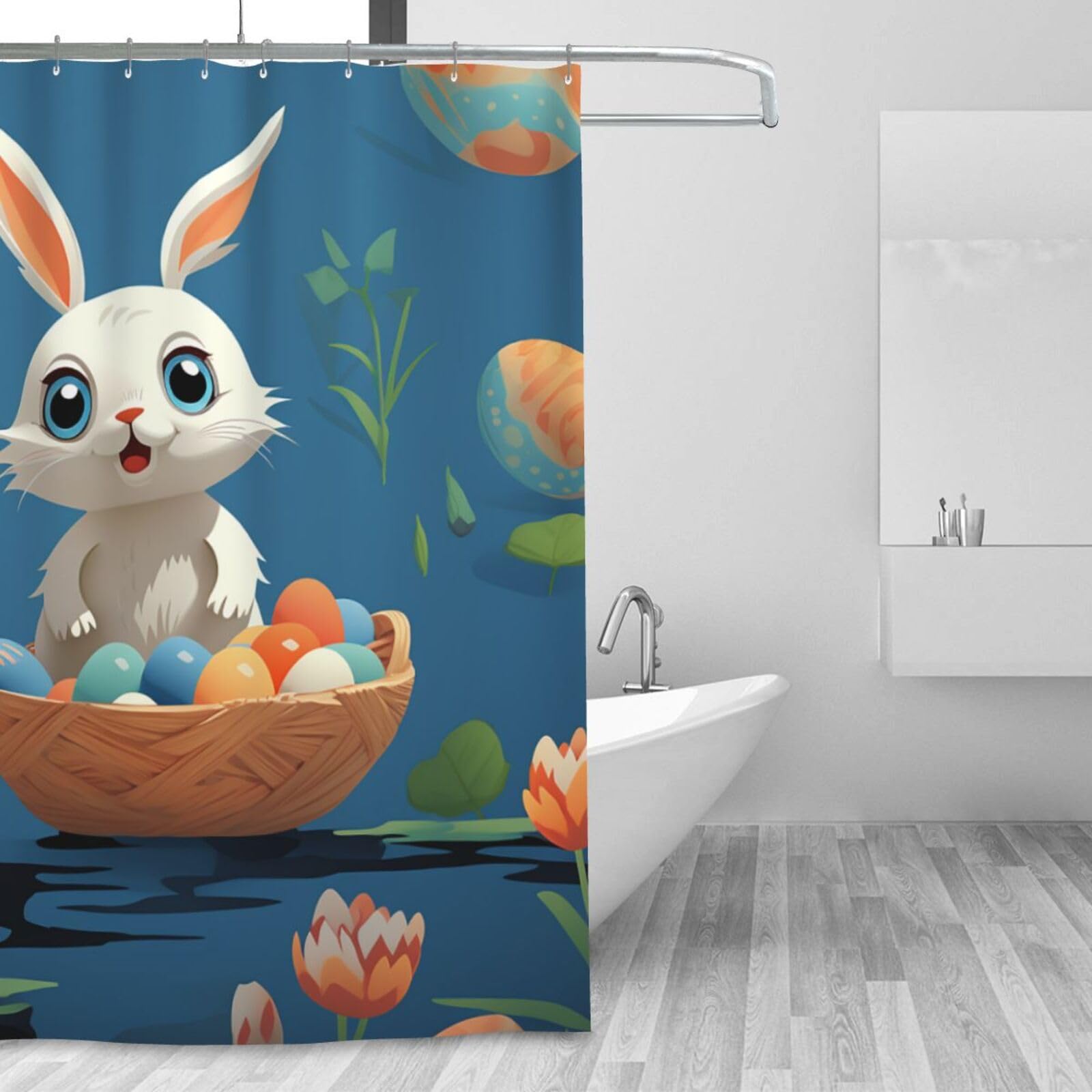 Rideau de douche imperméable lavable anti-éclaboussures imprimé lapin de Pâques