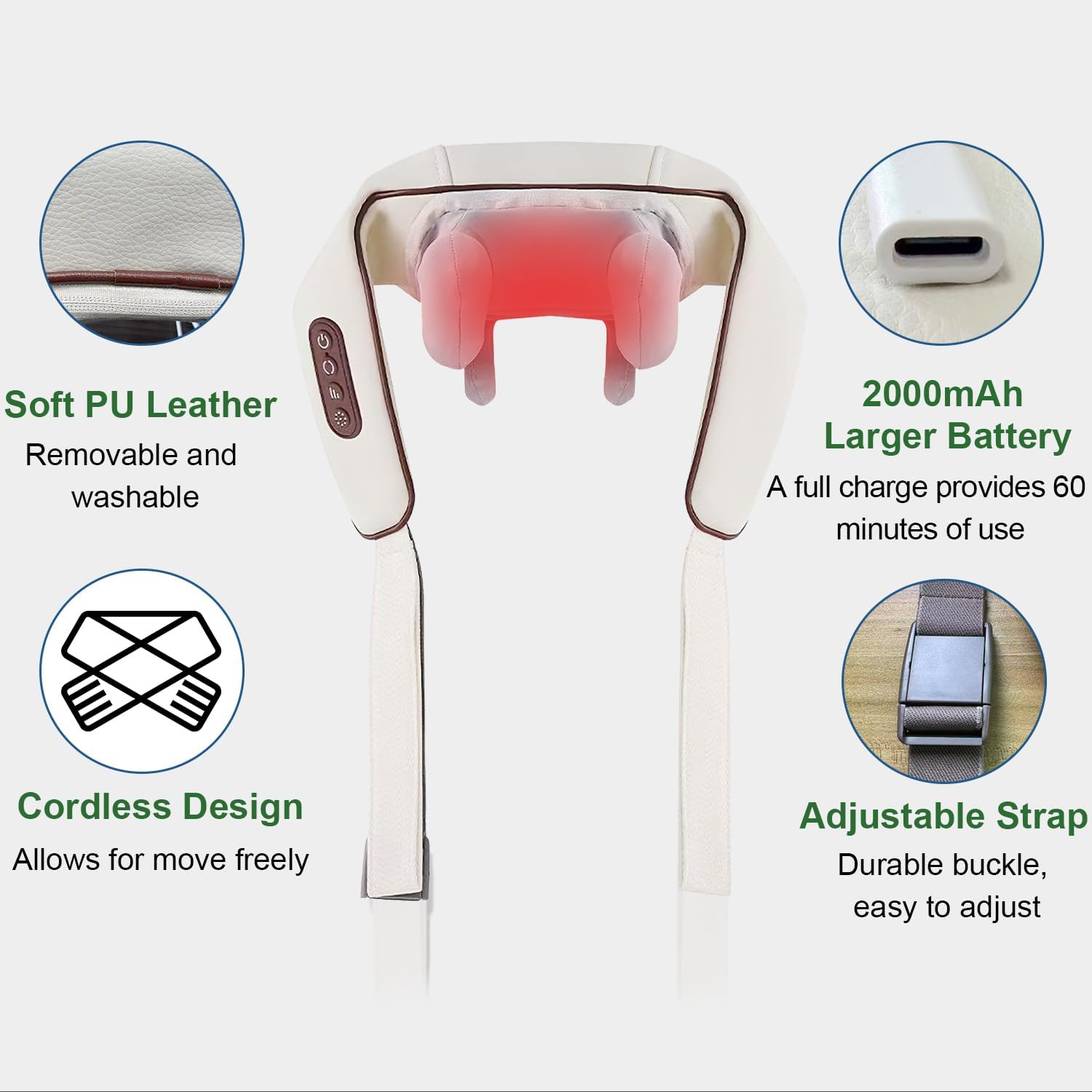 Neck and Shoulder Massager with Heat, Cordless Back and Neck Massager, 6D Shiatsu Kneading Deep Tissue for Shoulder Leg Back Waist Pain Relief Relax Muscles at Home Office (Off White)