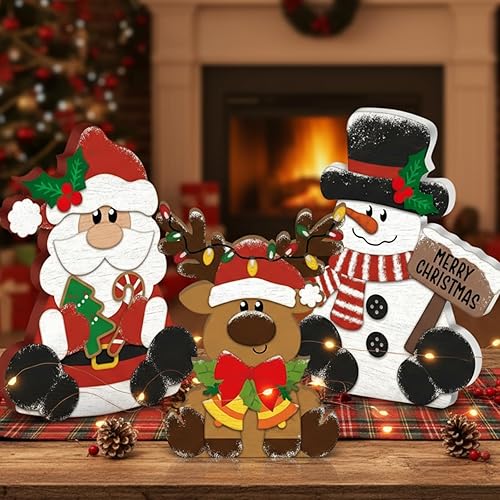 Miniatura 1 de 3 piezas de decoración de mesa de madera de Navidad, muñeco de nieve, reno, Papá Noel, centro de mesa, bandeja escalonada de madera para oficina,