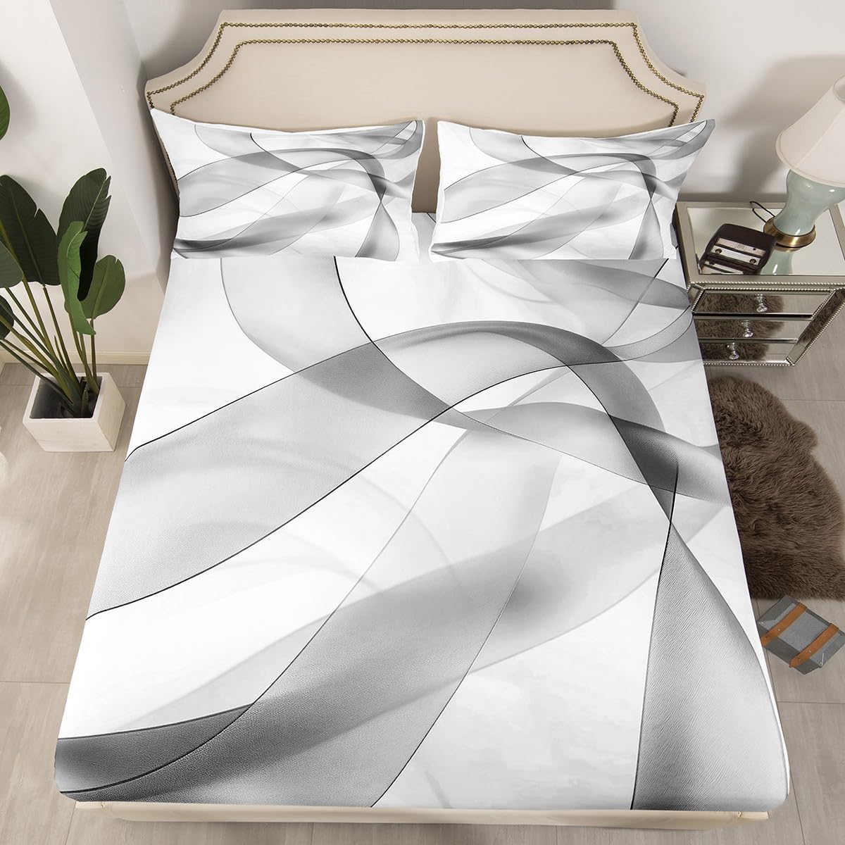 Black Striped Fitted Sheet,Full Size Modern Abstract Wavy Collections Line Art Design Theme,Soft Decorative Fabric Bedding Deep Pocket for Children Teens Young Boys Girls,with 2 Pillowcases