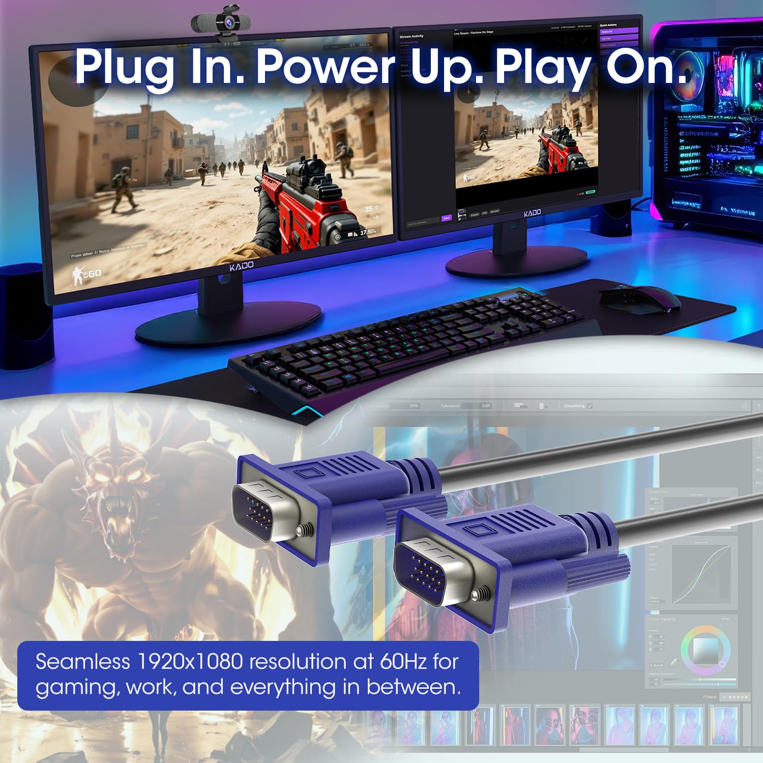 Kado Lot de 2 câbles VGA de 1,5 m, haut débit, 1920 x 1080 FHD 60 Hz, mâle-mâle, 1,5 m de long, pièces d'origine fabriquées pour moniteur Sceptre, télévision, PC, box TV, console de jeu, projecteur