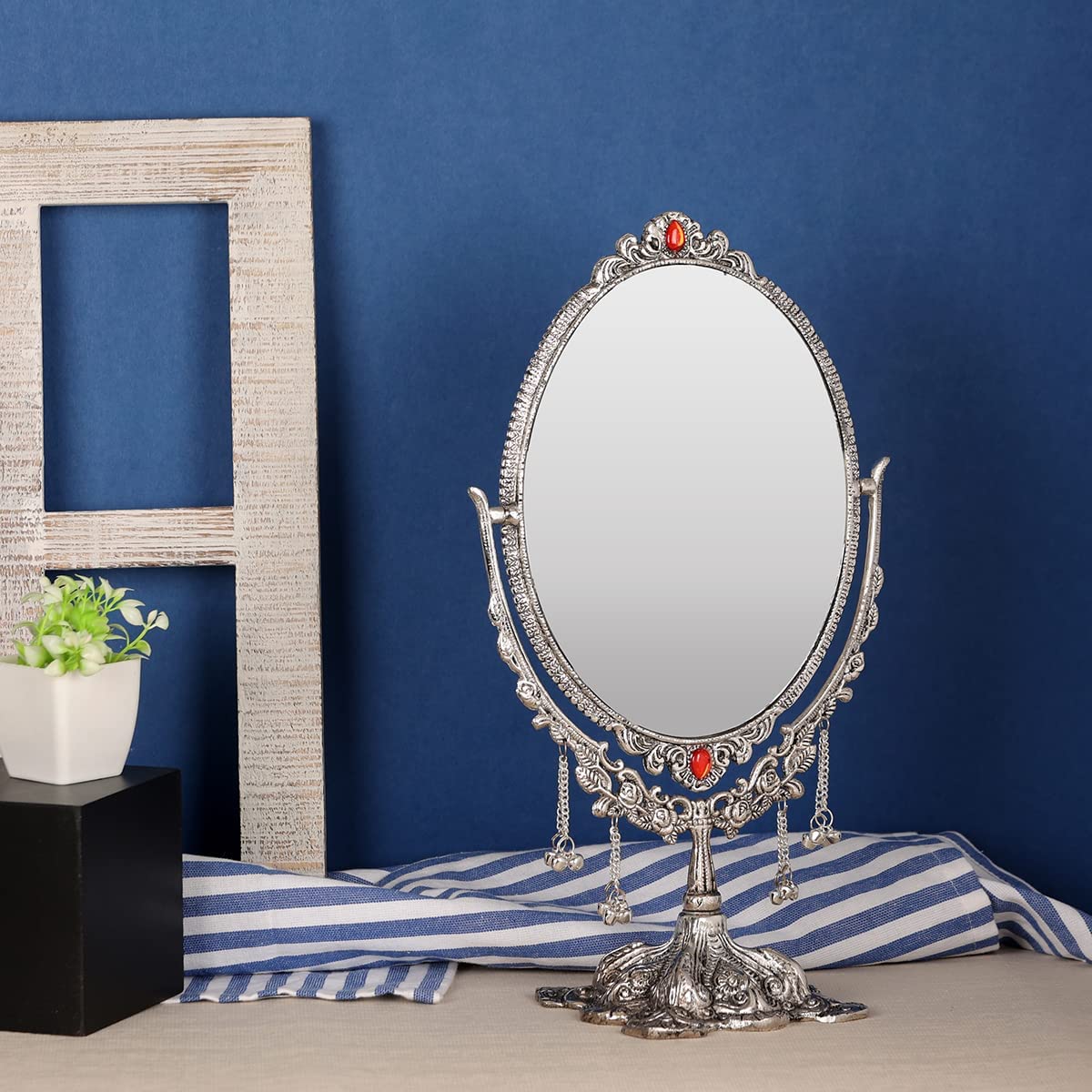 NM Aluminium Oval Double Side Table Top Mirror 360 Degree Rotating, 35X20 Cm Silver,Gifting,Makeup,Decor 2