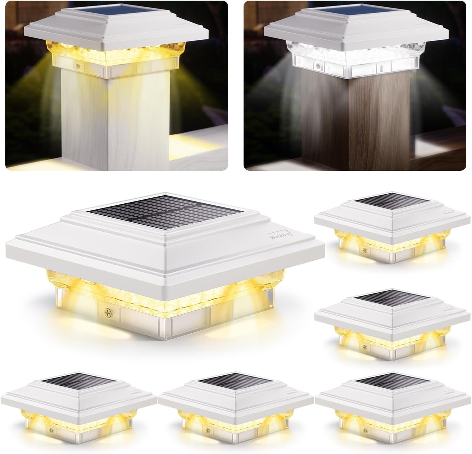 4x4 Solar Post Lights 50 Lumens 2 Modes, Post Caps Light Waterproof Outdoor for 4x4 Vinyl Wooden Posts, Deck Fence Garden Patio Decoration, Warm/White Lighting (White, 6 Pack)