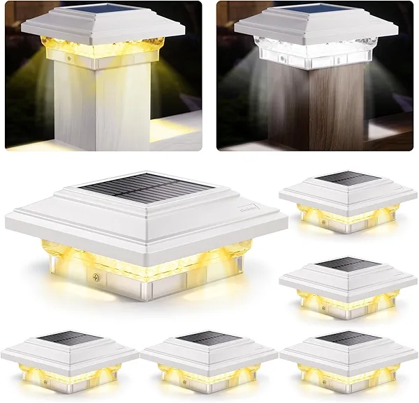 SIEDiNLAR 4x4 Solar Post Lights 50 Lumens 2 Modes, Post Caps Light Outdoor Waterproof for 4x4 Vinyl Wooden Posts, Fence Deck Garden Patio Decor, Warm/White Lighting (White, 6 Pack)