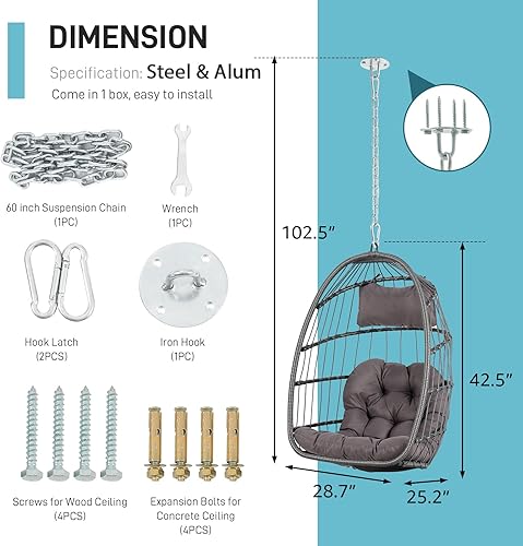 Miniatura 3 de Patiorama Silla columpio de huevo para interiores y exteriores sin soporte silla colgante de ratán de mimbre para patio con cojín capacidad de 350