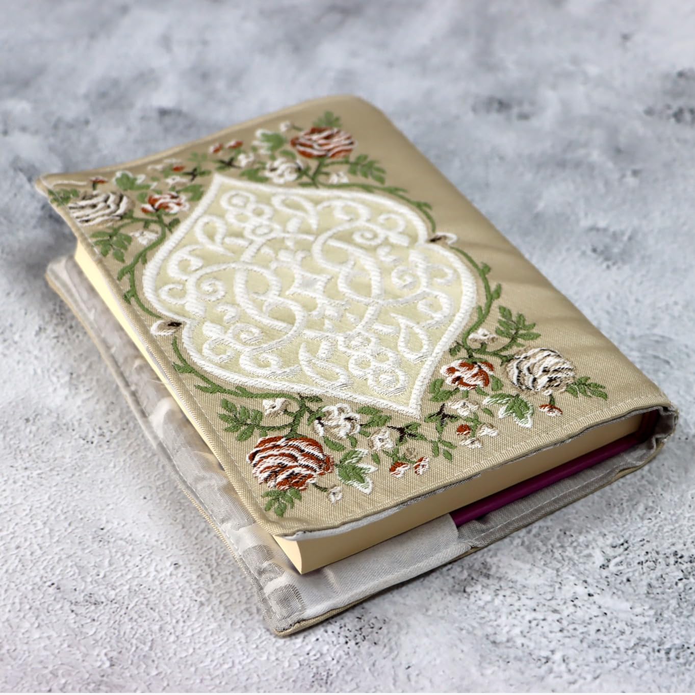 Embroidered silk cover For the Quran.(White-Multi) (size 14 * 20)